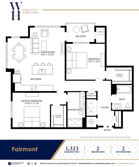 Floor plan for 2 beds, 2 baths, 1323 sqft